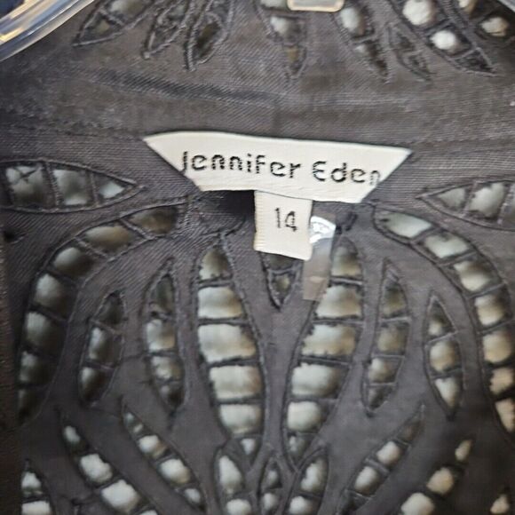 Jennifer Eden sz 14 Cutout Jacket linen rayon cardigan long sleeve Black - Picture 3 of 10